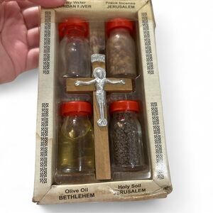 Vintage Holy Land Olive Wood Cross Set Bethlehem Jerusalem Religious Souvenir